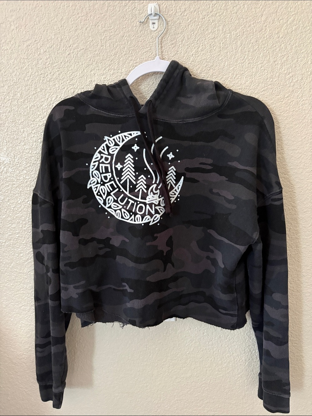 Independent Trading Co Black Camo Cropped Hoodie- Rebelutions with Moon Graphic